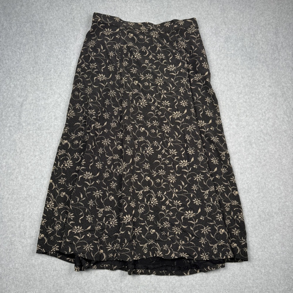 VTG Talbots Maxi Skirt Womens 14 Black Beige Floral Side Zip Cottagecore 90s
